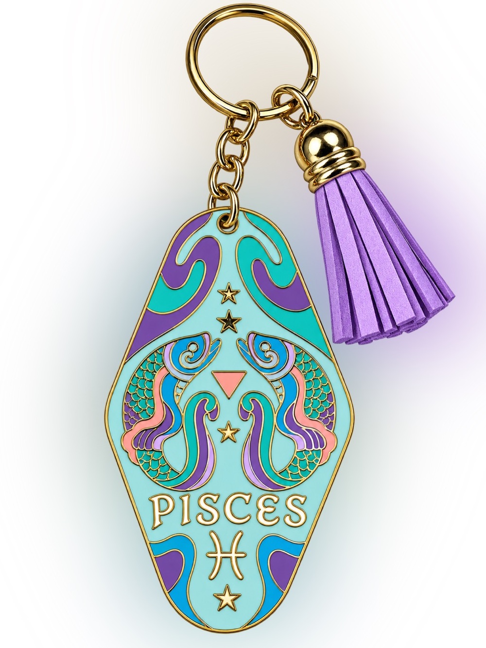 Pisces Enamel Key & Tassel Keychain — Aqua and Purple